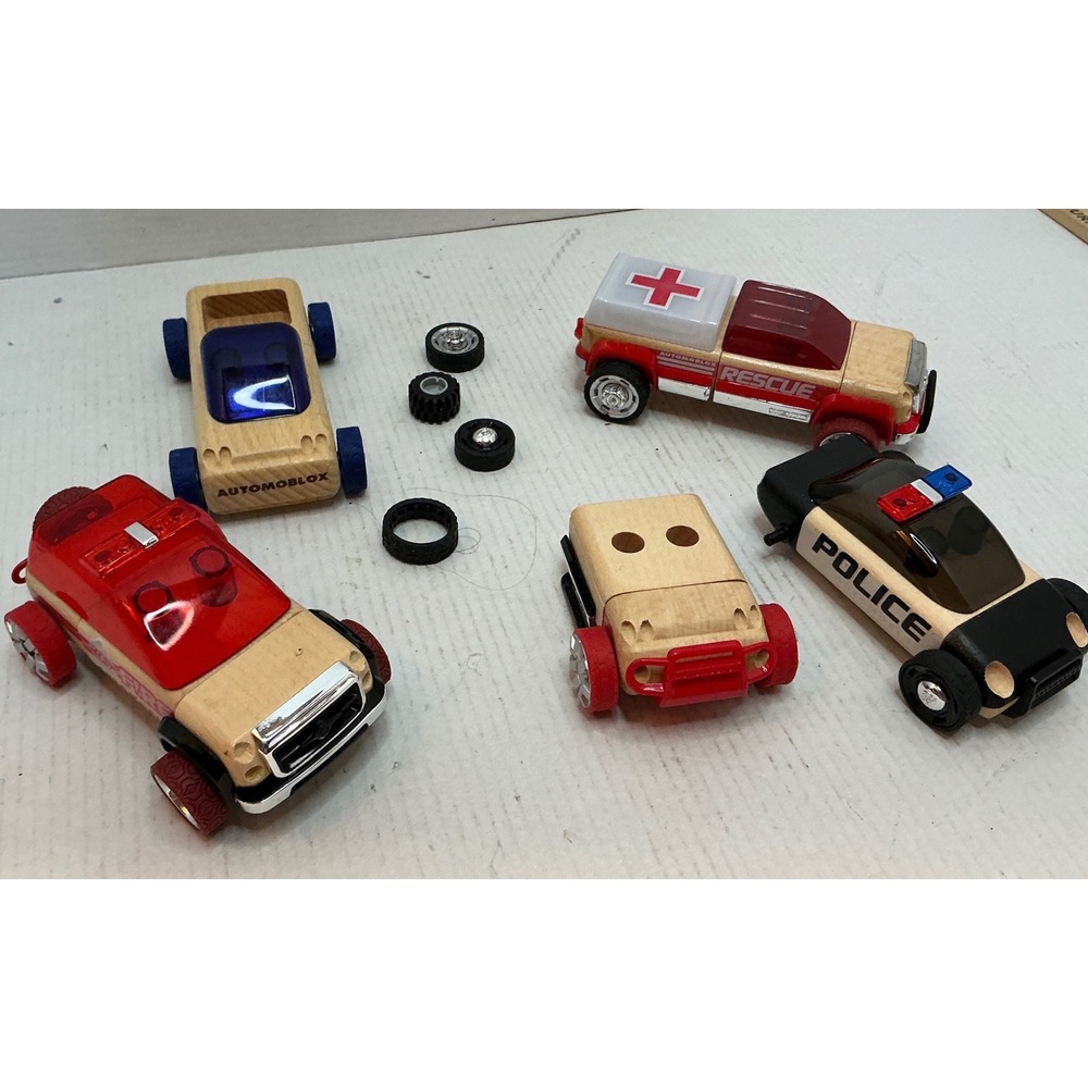 Automoblox Wooden Toy Car Lot Police Rescue Modular Building Vehicles Set